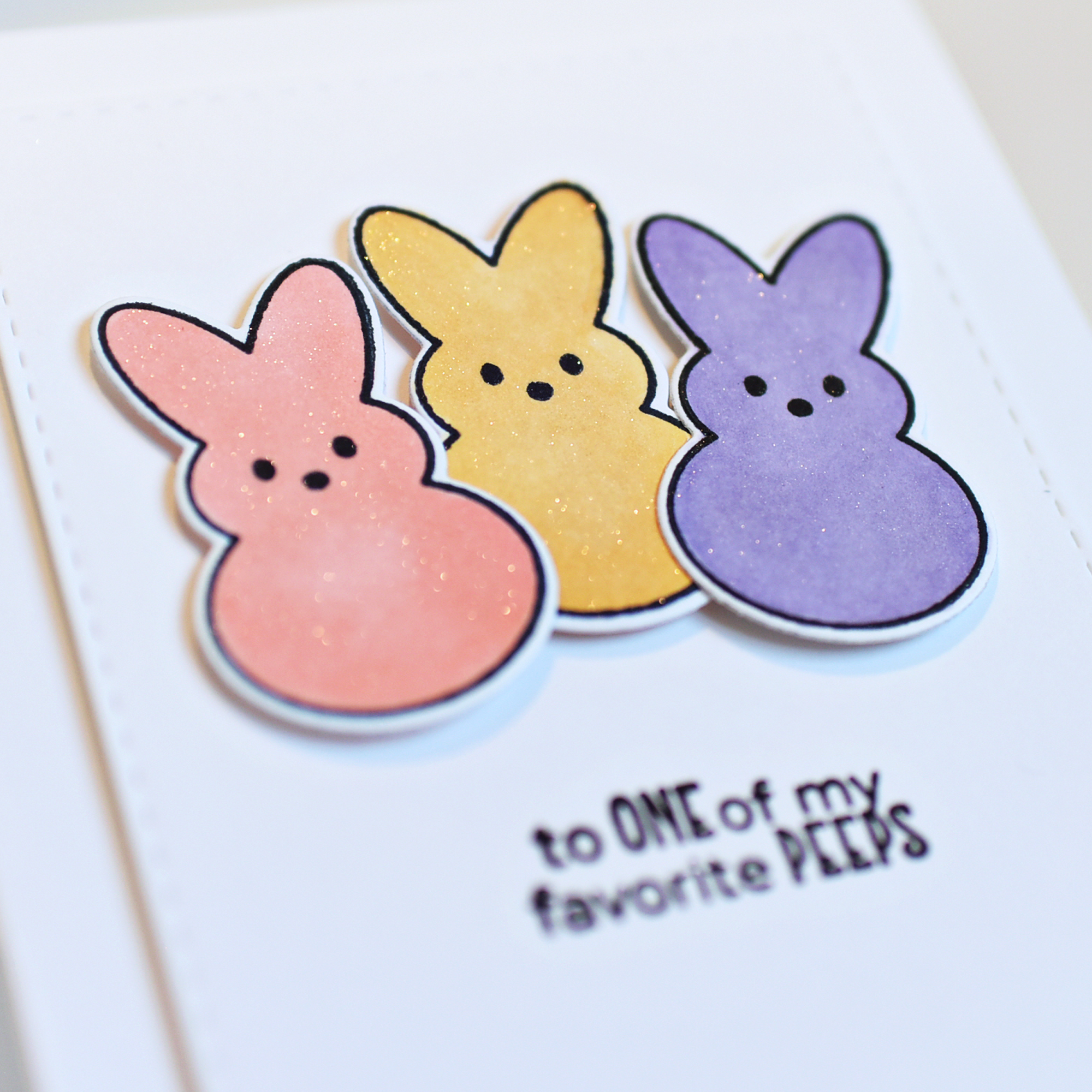 spring card with 3 peeps bunnies in pink yellow and purple